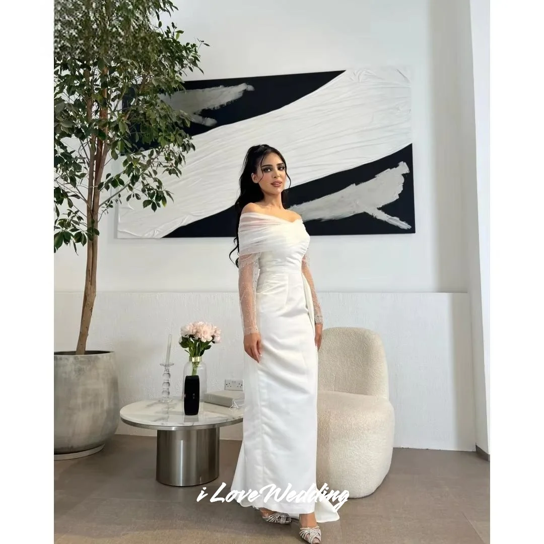 White Off Shoulder Evening Dresses 2025 Satin Long Sleeve Beaded Mermaid Ankle-Length Pleated Wedding Party Dresses Customized