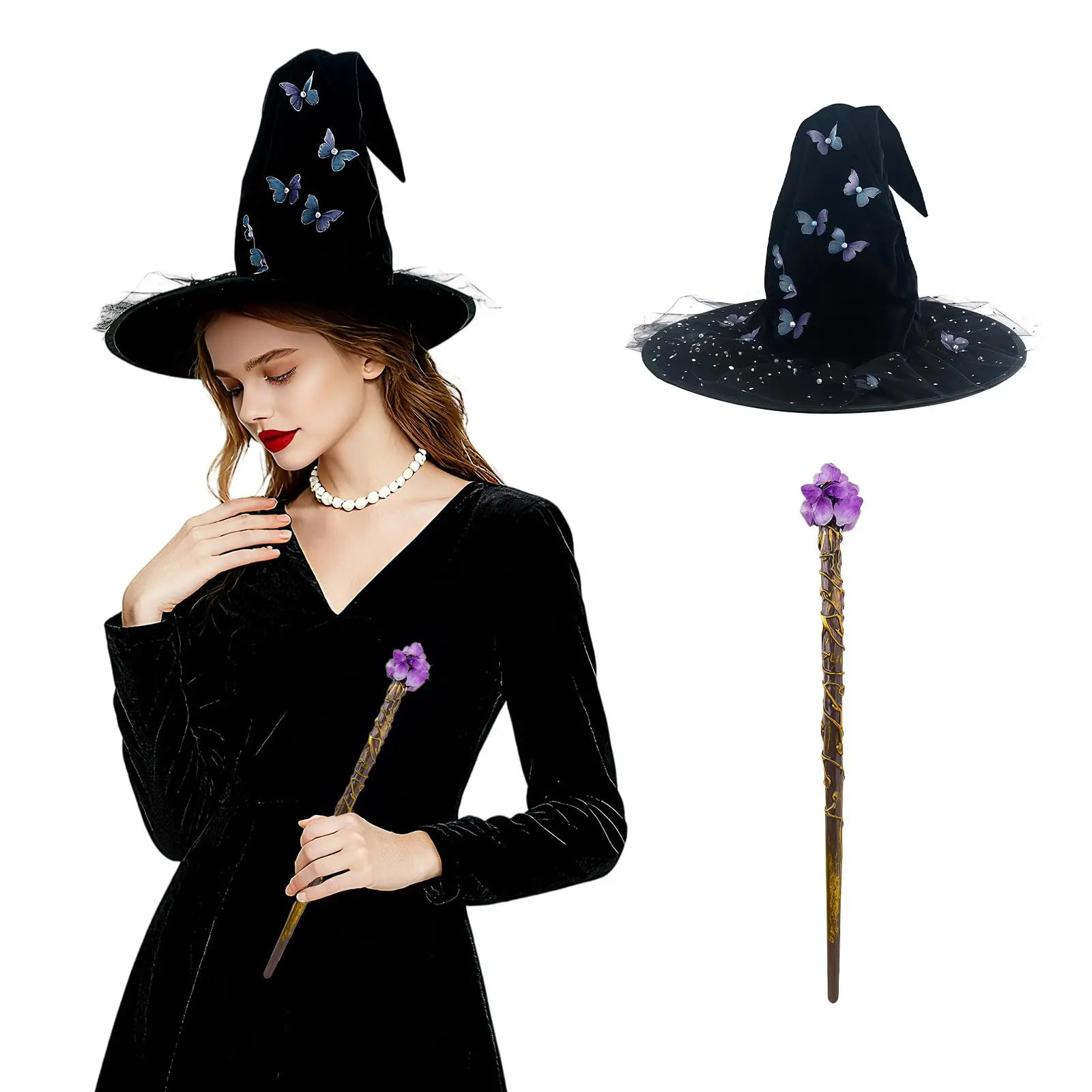 Chapeau de sorcière papillon, baguette de Cosplay, baguette de sorcière en cristal violet, une vigne, chapeau de magicien pointu pour Halloween, accessoires magiques