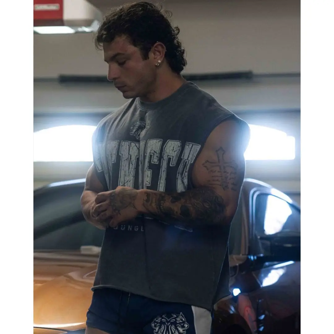 YA Summer New Men's Oversized fallow Sleeveless top Cotton Sports Fitness Short Sleeve Joggers Gym Running Training waistcoat image 5