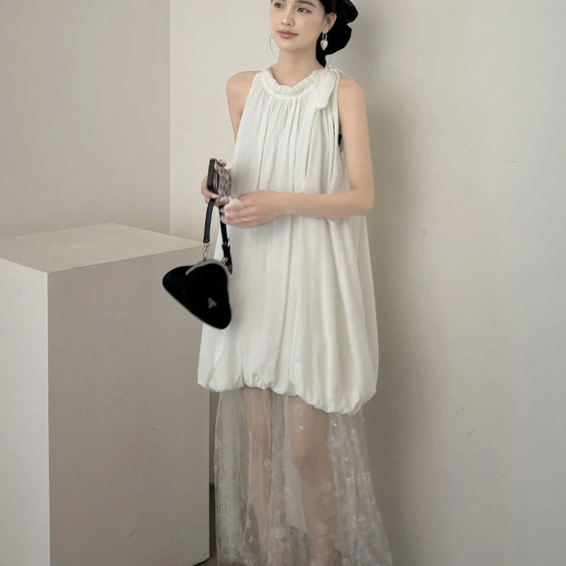 French Design Sleeveless White Temperament Summer Hanging Neck Mesh Stitching Women's Lantern Dress