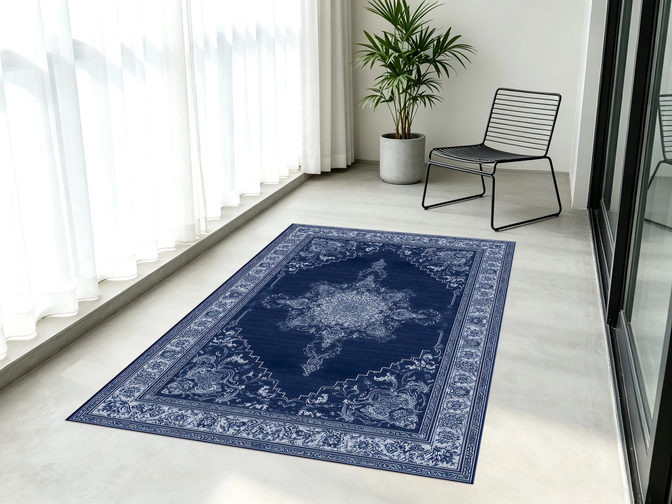 Dark Blue Vintage Persian-Style Area Rug, Elegant Central Pattern with Delicate Border, Cozy Autumn Winter Mat for Living Room Bedroom Home Decor