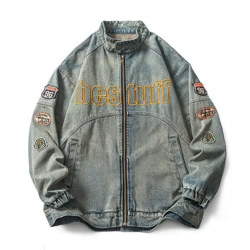 

Motorcycle Stand Collar Cowboy Coat for Men Vintage Cowgirl Menswear Branded Korea Japanese Retro Casual Rock Denim Jackets Man