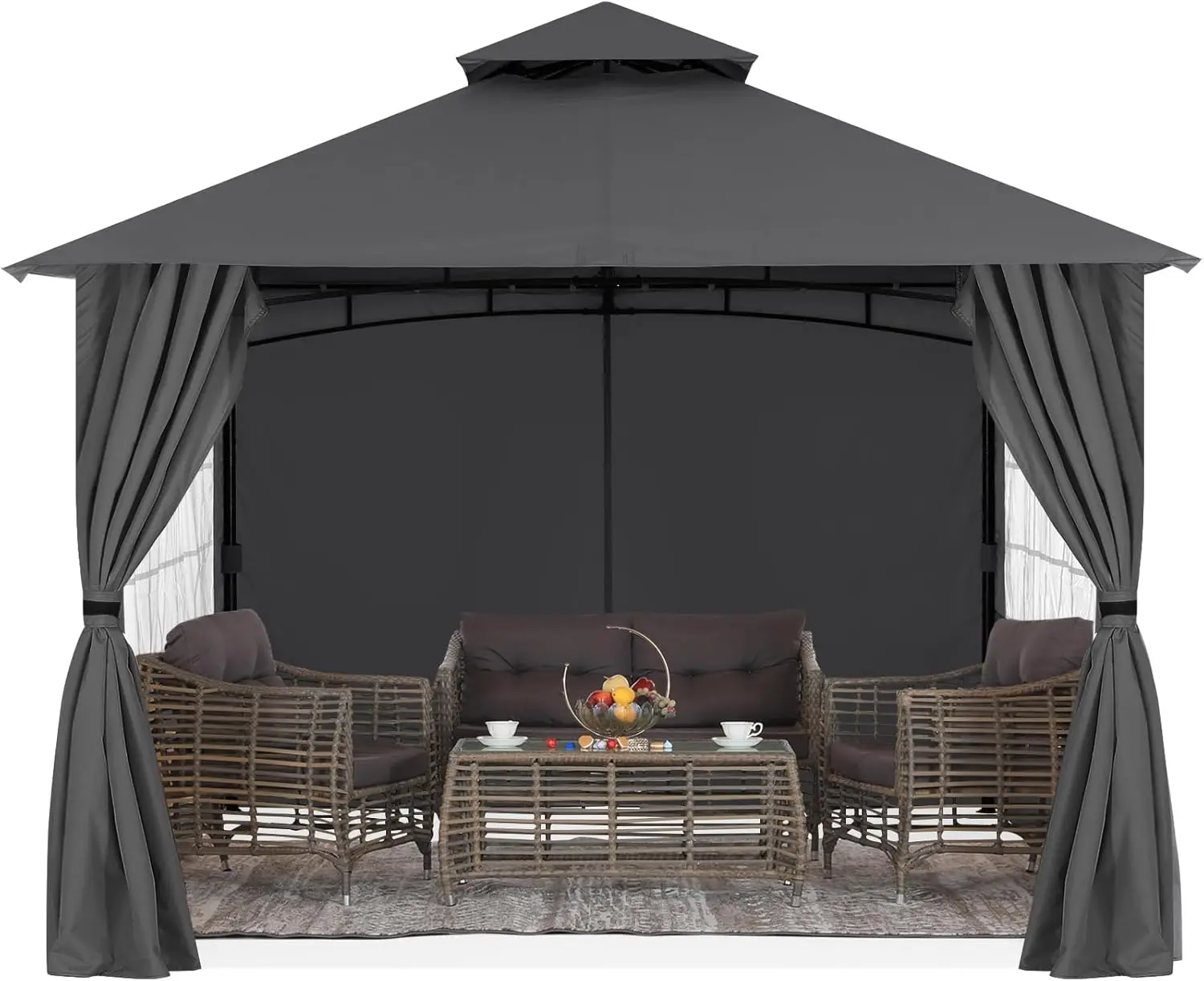 Patio Gazebo Steel Frame Outdoor Gazebo With Windows Curtains (11X11,Dark Gray)