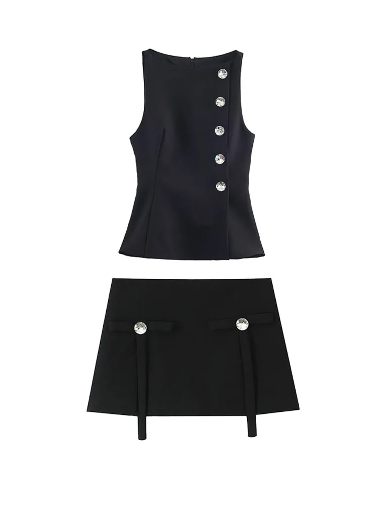 HH Woman Fashion Winter Button Decoration Sleeveless Zipper Short Tops Bow Culottes Female Slim Fit Street Style Two Piece Set