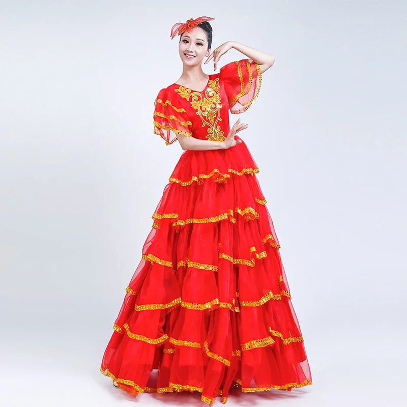 Estilo cigano moderno feminino espanhol flamenco saia desempenho trajes de dança do ventre plissado vestido equipe desempenho dl3479