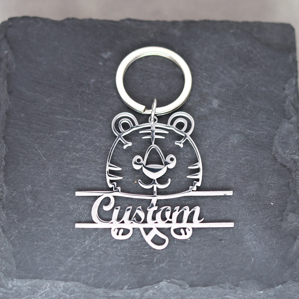 Personalized Punk Tiger Pendant Customized Engrave Name Keychain Men Women Car Keyring Stainless Steel Jewelry Souvenir Gift