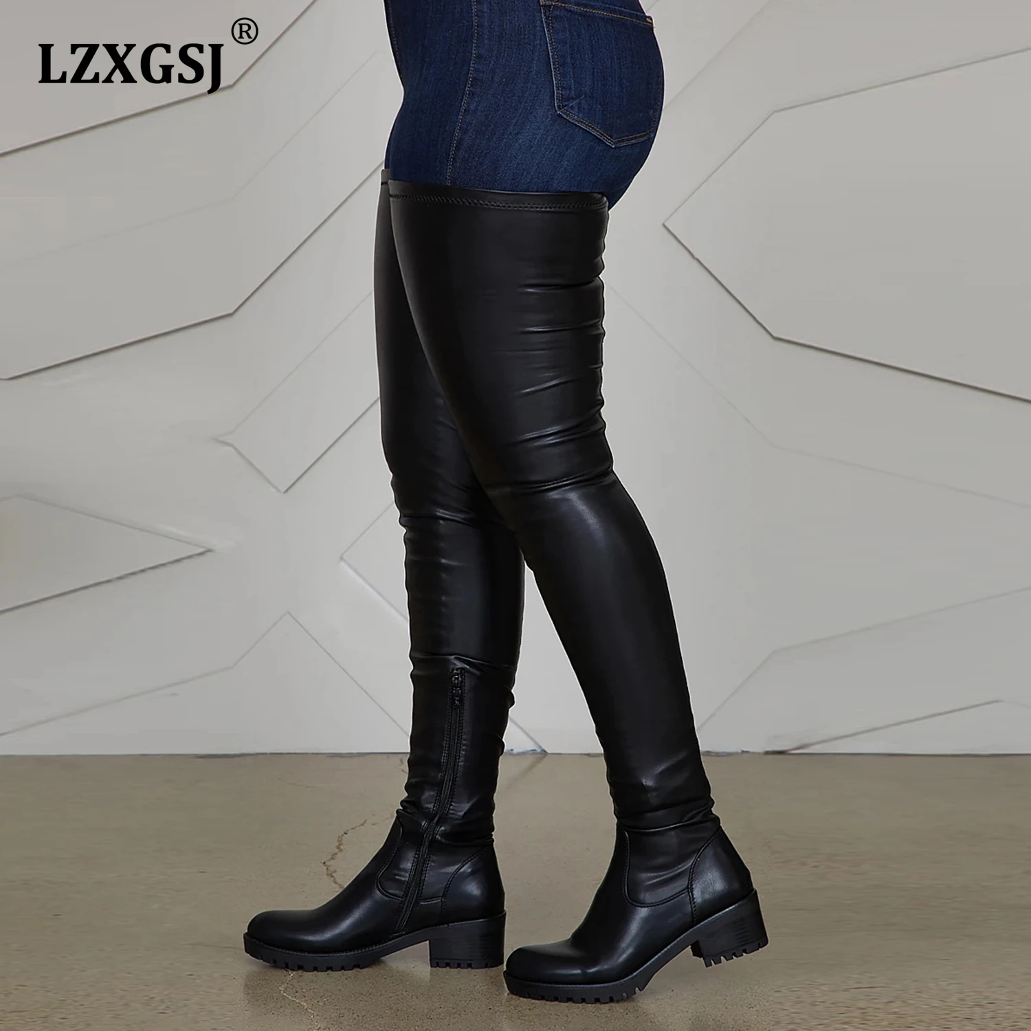 2024 Winter Black Over The Knee Boots Low Heels Women\'s Long Boots With Side Zip Big Size 34-47 Girl Comfortable Shoes