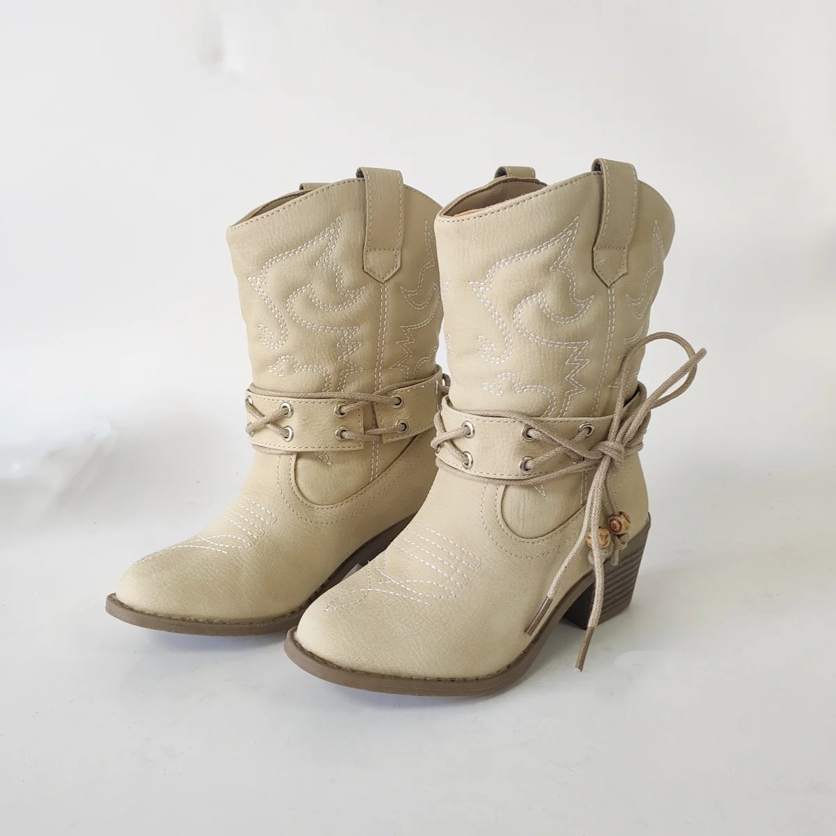 

Chunky Heel Boots Vintage Round Toe Embroidery High Heel Mid Calf Boots Western Cowboy Boots Women's Kids Boots Lacing Beaded