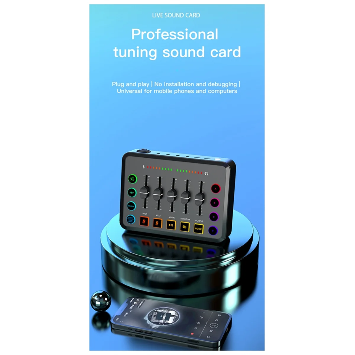 48V Sound Card Audio Mixer Rechargeable Audio Interface RGB Mixer with XLR Microphone Interface for Podcasting/Recording