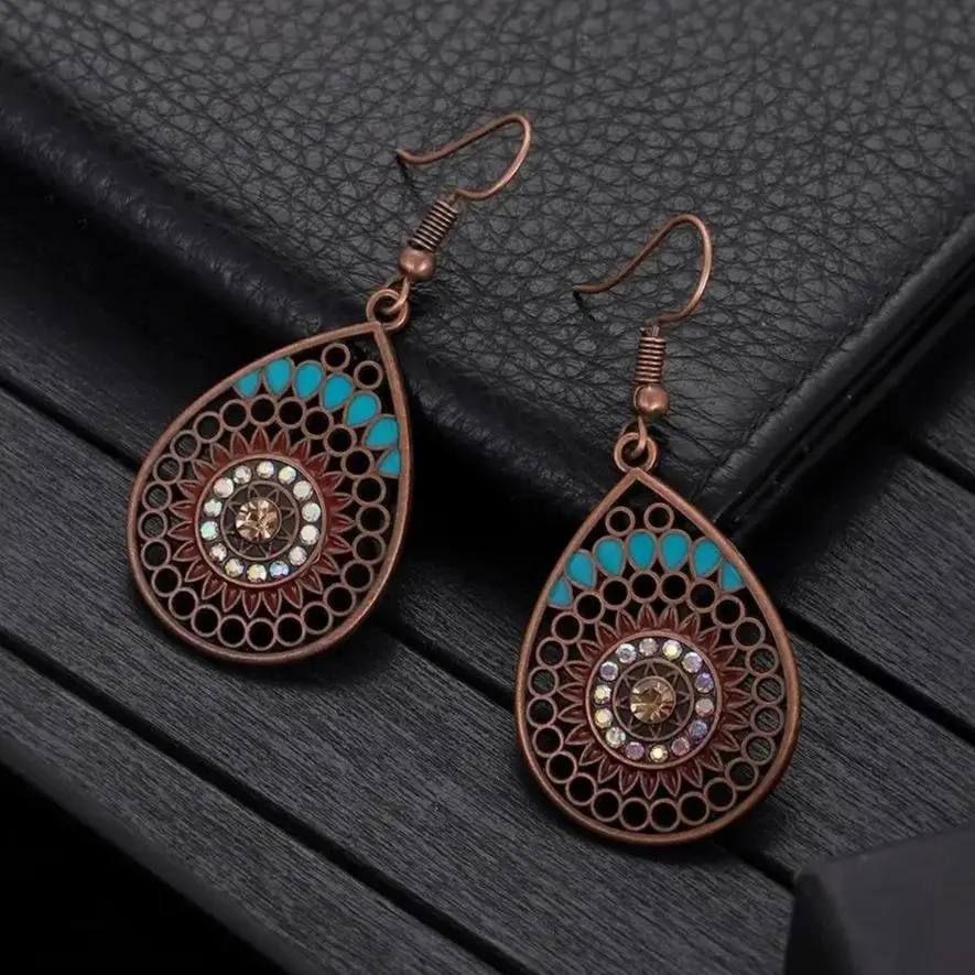Vintage Bohemian Geometrische Hohl Baumeln Ohrringe für Frauen Mode Ethnische Kristall Blume Wasser Tropfen Ohrring Schmuck Neue