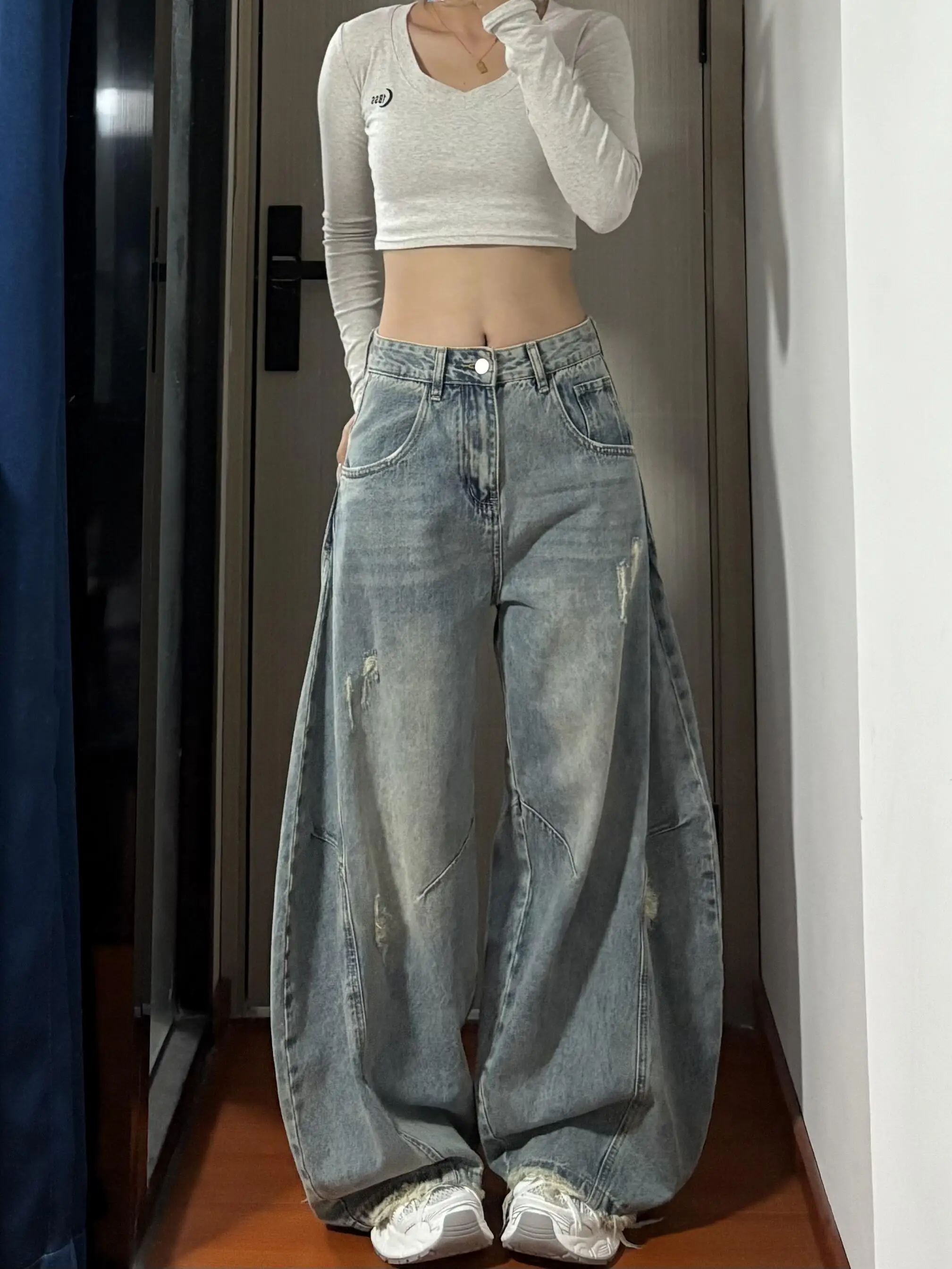 

Джинсы женские с высокой талией, широкие, прямые, из денима, с эффектом потертости, в винтажном стиле, повседневные, осенние