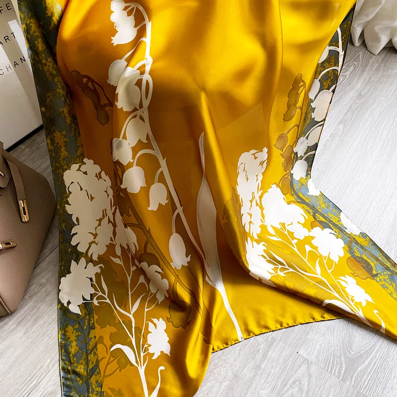 Elegant Large Long Headband Yellow Floral Silk Scarf Women Shawls Wraps Foulard Hijab Bufanda Female Beach Stoles Scarves image 5
