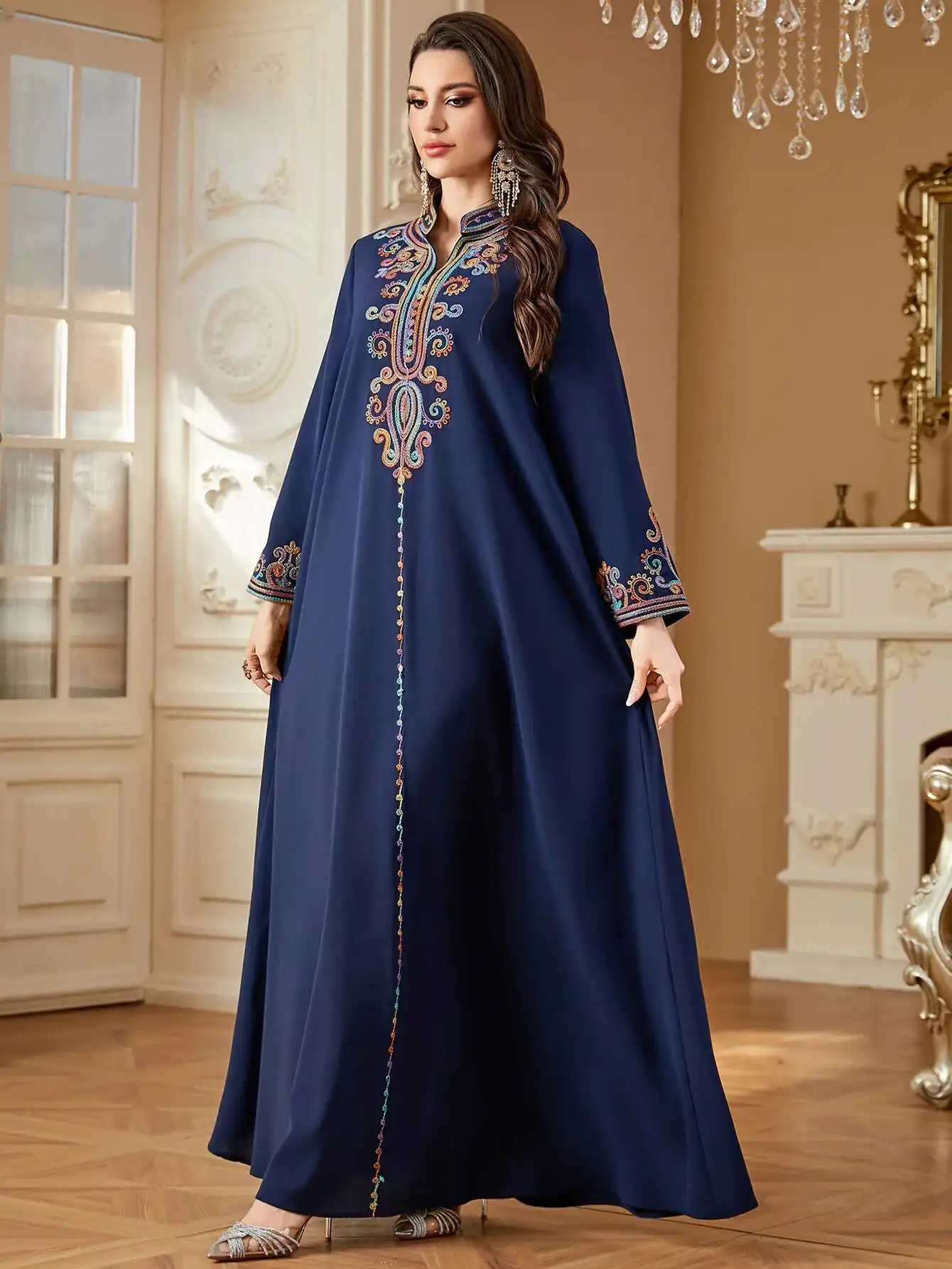 4364 ผู้หญิงมุสลิม Abaya ปักอาหรับ Jalabiya แฟชั่นชุดยาว Robe Abaya Ramadan ดูไบหรูหราอิสลาม Elegant