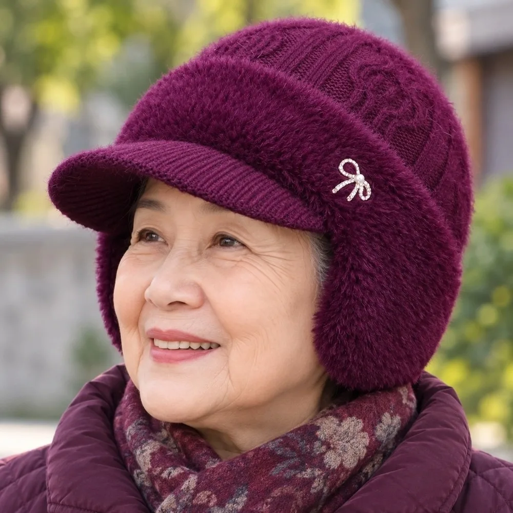Thickened Winter Knit Hat Elastic Windproof Ear Protection Cap Ear Flaps Soft Yarn Fleece Lined Beanie Elderly Women