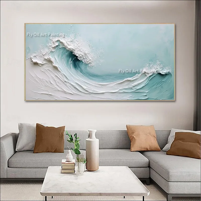 Blue White Ocean Wave View Abstract Thick Wall Art Handmade New Original Artwork Large Green Blue Seascape Oil Painting Decor