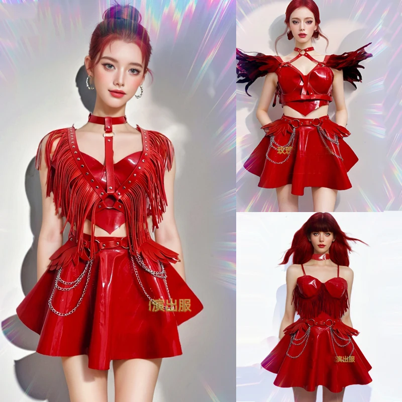 

3 Styles Women Group Jazz Dance Costume Red Gogo Dancer Outfits Bar Nightclub Dj Ds Pole Dance Clothing Stage Rave Wear XS9536