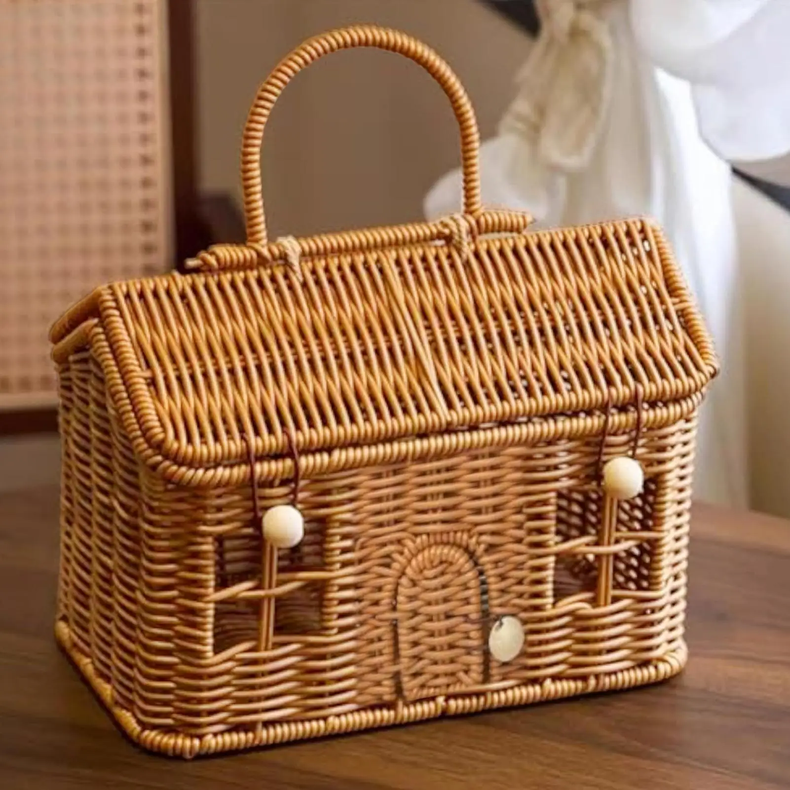 Hausförmiger Rattankorb, Rattan-Picknickkorb, Geflochtener Aufbewahrungskorb, Vintage Hochzeitsgeschenke mit Deckel, Kreativer Rustikaler Dekor-Organizer