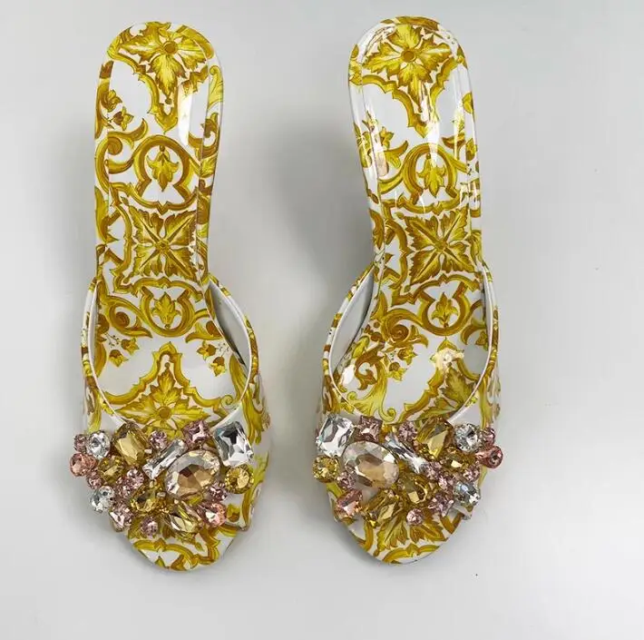 

Summer Yellow Red Porcelain Floral Peep Toe Slipper Diamond Crystal Women Slingbacks Sandals 8 cm High Heels Slide Shoes