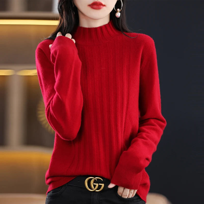 

2024 Autumn/Winter New 100% Wool Cashmere Sweater Women's Half High Neck Knitted Pullover Loose Warm Tops Women's Clothing Sales