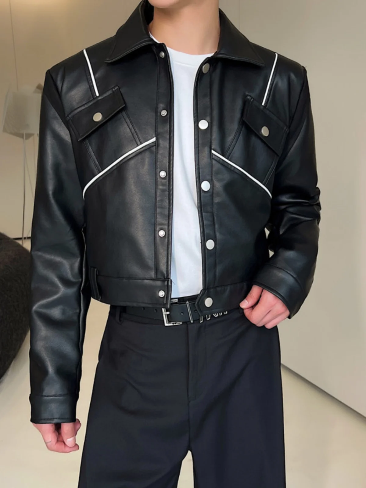 

ort Leather Jaet for Men Trendy Versatile Autumn Faion Casual Straight Cut Youthful Sle Fake Leather Coat