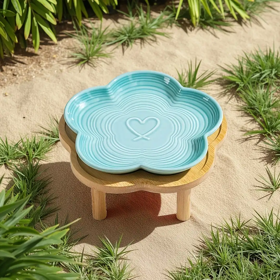 

Pet Feeding Bowl With Bamboo Stand, Elevated Cat Bowl, Wide & Shallow, Anti-Vomit, Whisker-Friendly Raised D