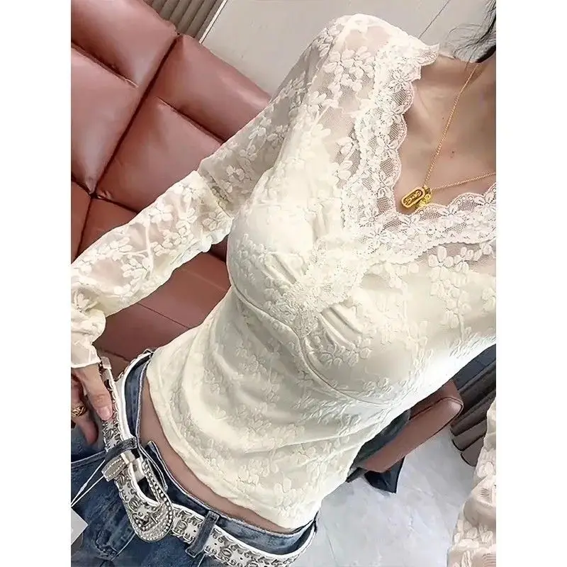 

Y2K Clothing 2000s Lace Patchwork Soft Long-sleeved T-shirt Women Spring/fall Top Fitted Base Layer Shirt Sweet Tshirt Aesthetic