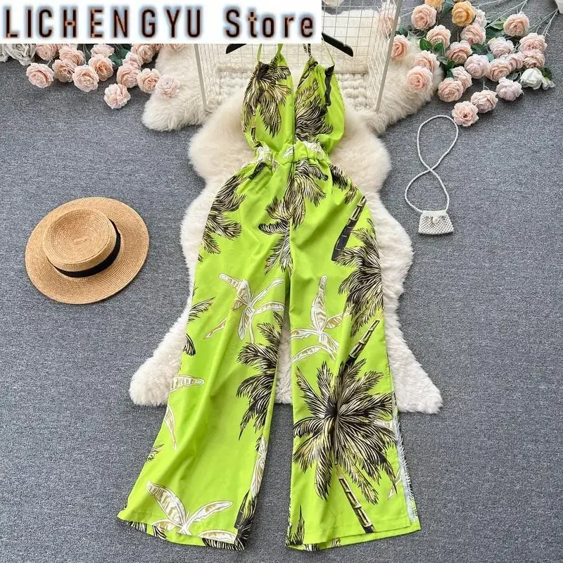 New Elegant Style Chic Jumpsuit Women Print Halter Contrast Color Backless High Waist Jumpsuits Winter Spring