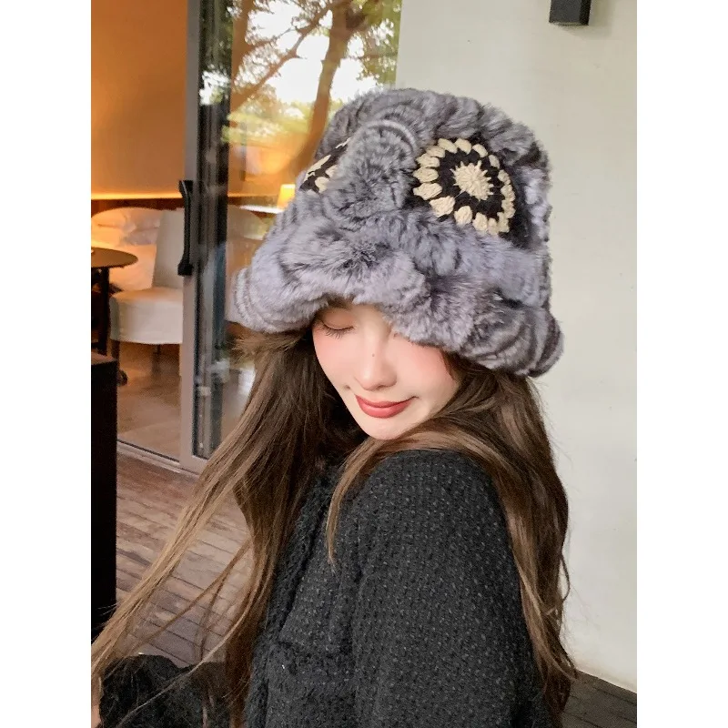 National style lion dancing bucket hat real chinchilla fur soft warm winter hat for women