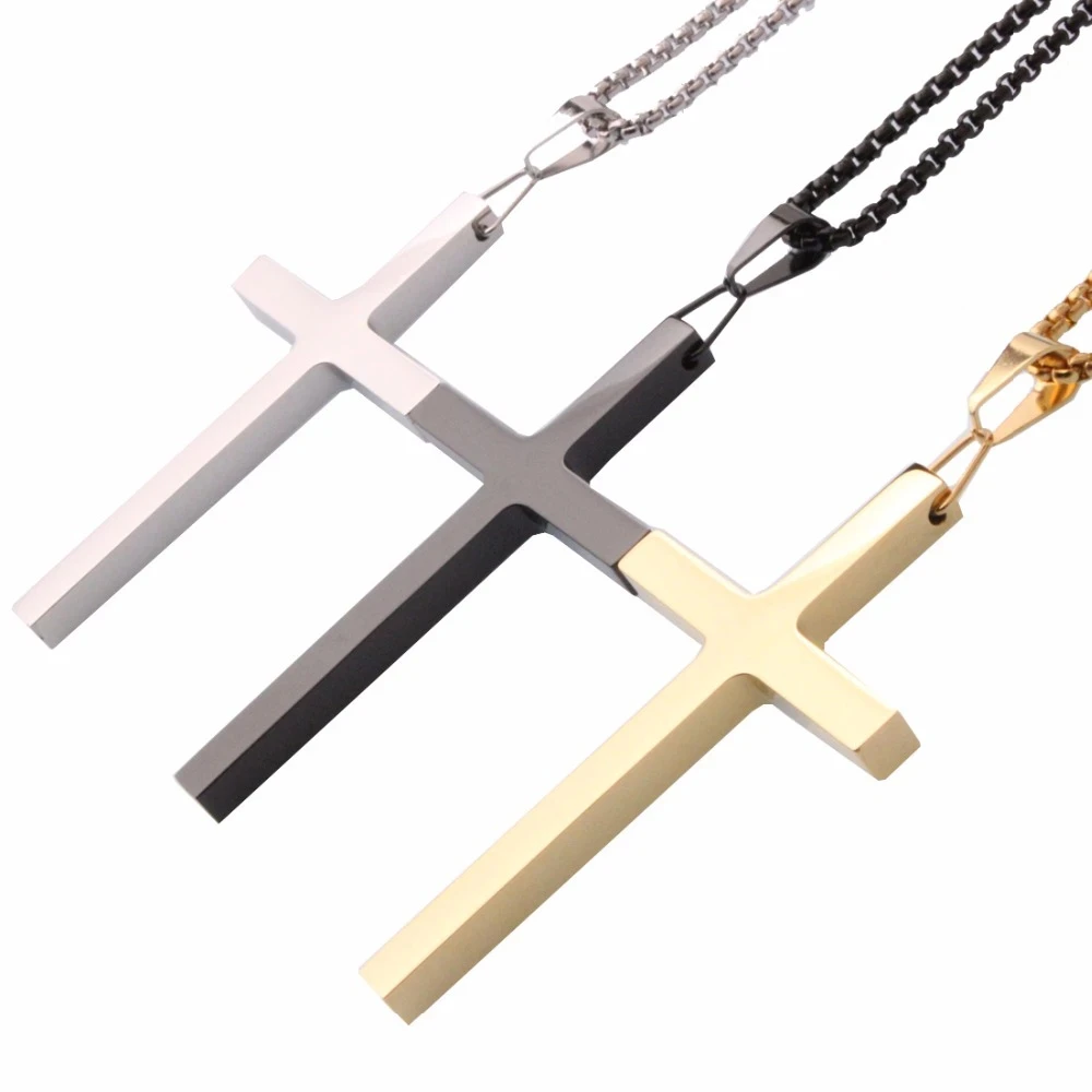 High Quality Simple Silver/Gold/Black Stainless Steel Rock Punk Big Cross Mens Pendant Chain Jewelry