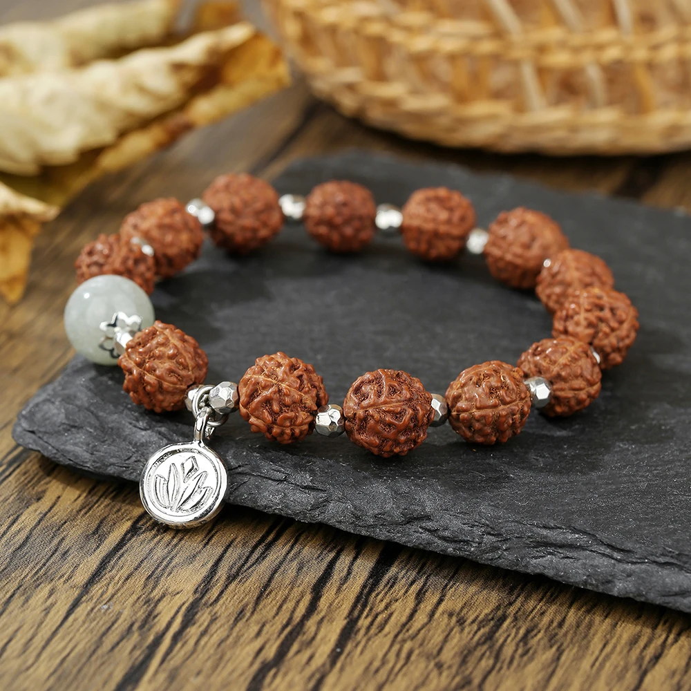 Retro Handheld Walnut Beads Bracelet for Men And Women Flower Pendant Bangle Playing Buddhist Prayer Jewelry Birthday Gift