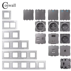 COSWALL C1 Series Grey Gray Glass Panel Wall Switch EU French Socket HDMI-compatible USB Charger Satellite TV RJ45  Modules DIY