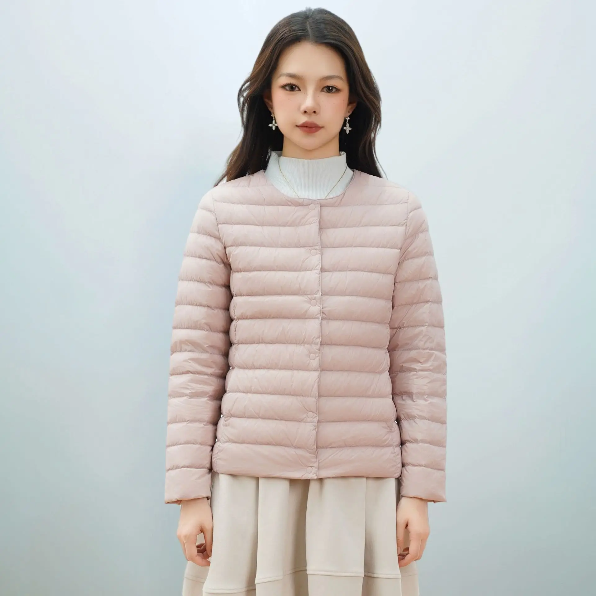 Women's Pure Color Down Jacket with 90% Down Filling Round Collar Style Simple Long Sleeves Stylish Lightweight Coats for Women