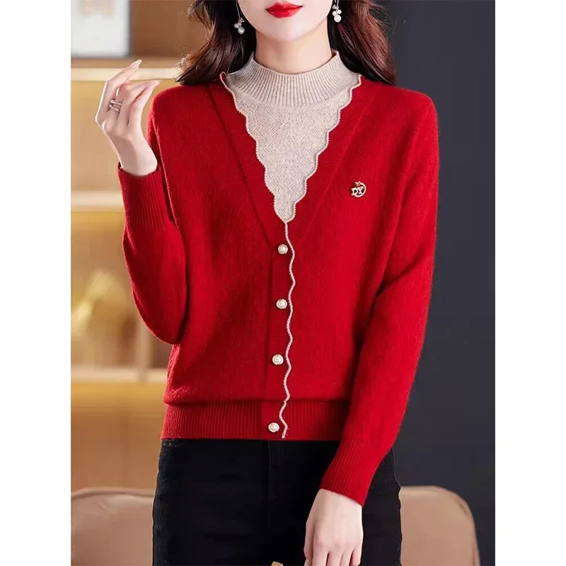 Women\'s Clothes Fake Two Pullovers Winter Thick Warm Half High Necked Wool Jumper Female Tops Knitted Cashmere Sweater