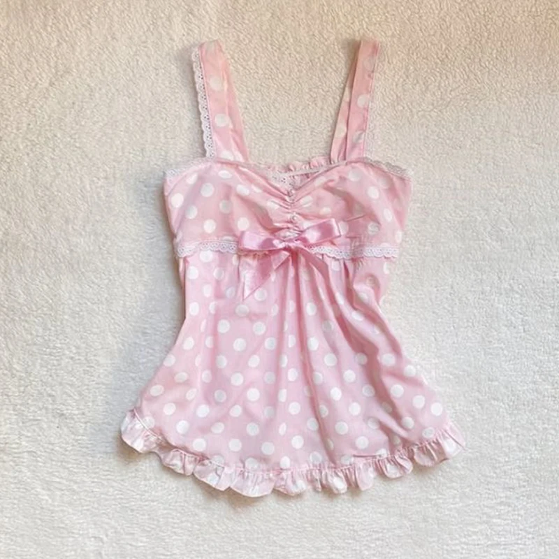 Женский милый и милый сказочный стиль Y2K, повседневный тонкий укороченный топ в горошек, кавайный кружевной топ с бантом, универсальный топ с героями мультфильмов в американском готическом стиле