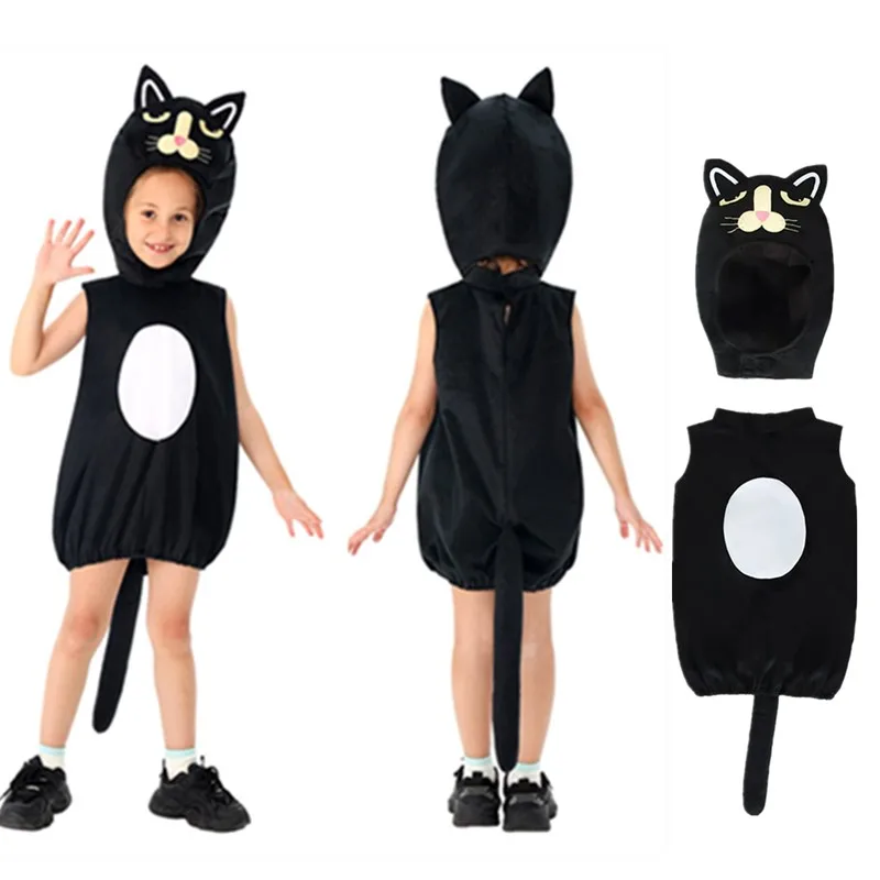 

Kids Cartoon Cat Cosplay Stage Performance Costume Fantasy Animal Disguise Jumpsuit Hat Outfits Halloween Carnival Party Suit