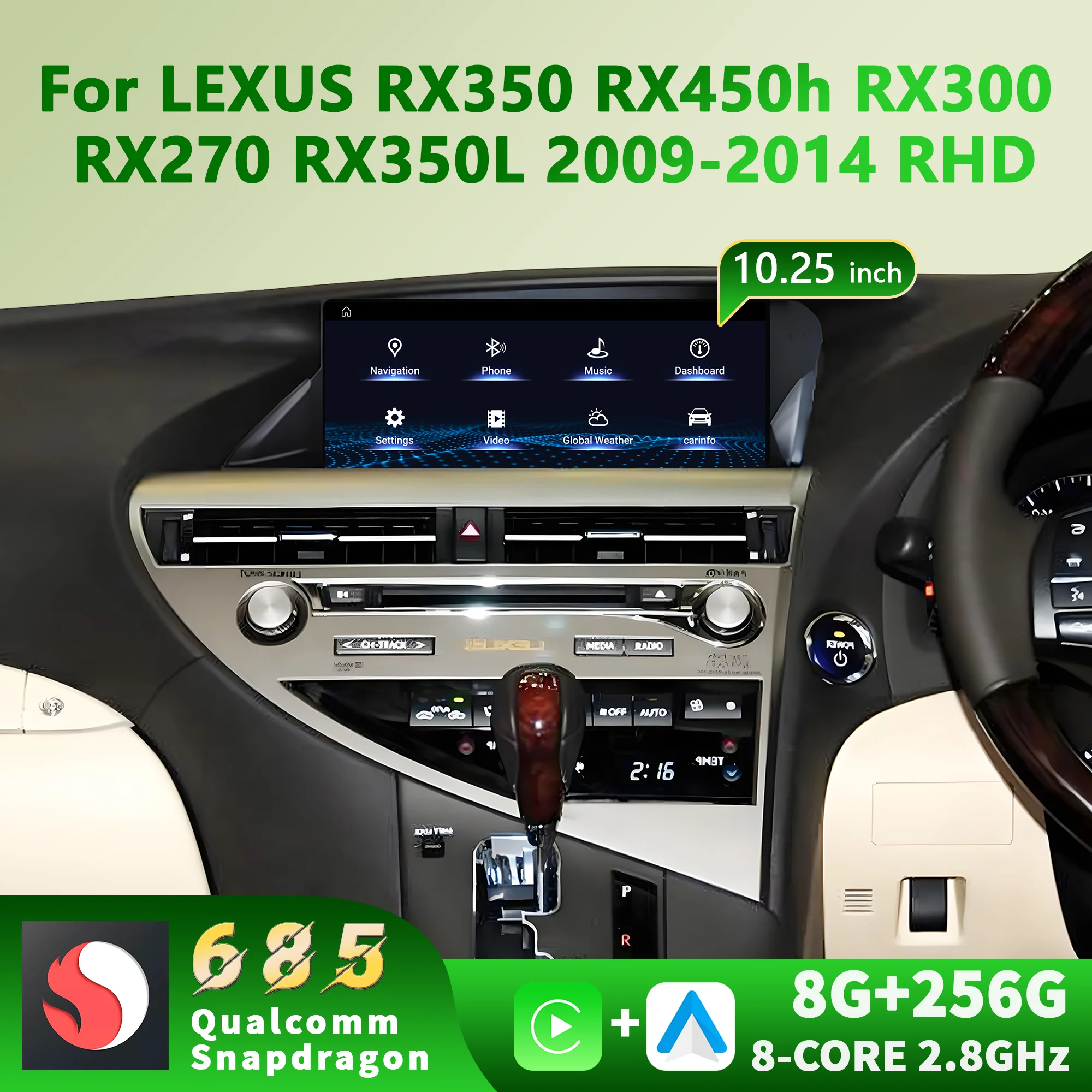 10.25'' Right Hand Drive Android 14 For LEXUS RX350 RX450h RX300 RX270 RX350L 2009-2014 Snapdragon 680 Radio Carplay Screen