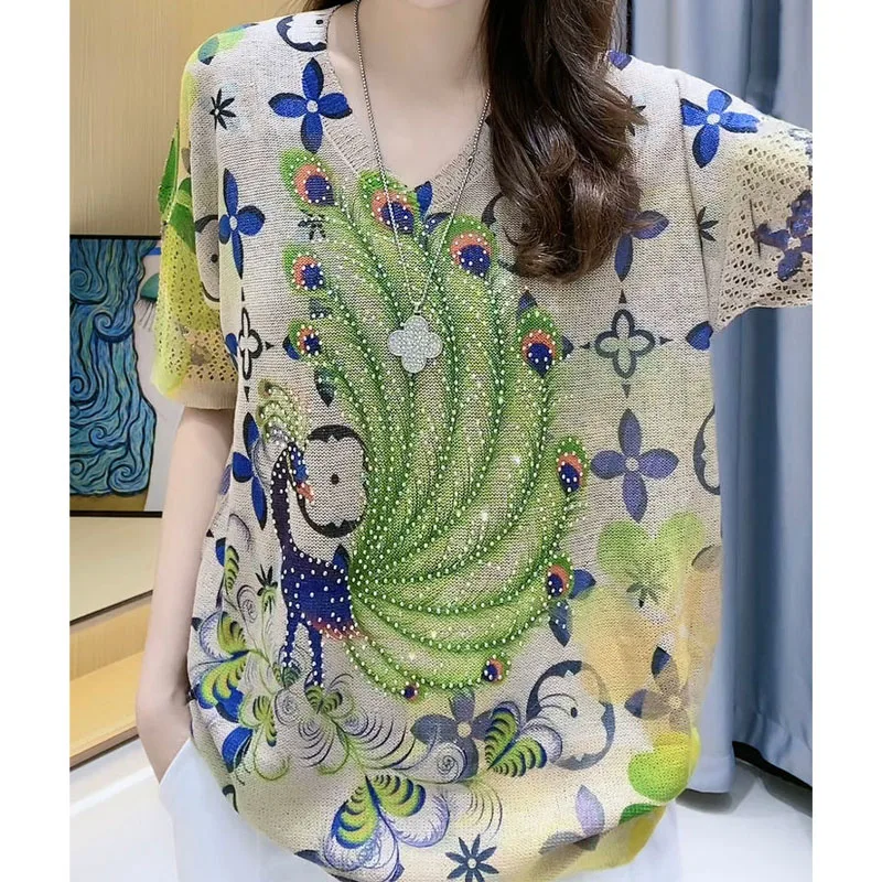 Korean Fashion O-Neck Printed Tops for Female Pullovers Summer Elegant Vintage Diamonds Spliced Stylish T-shirt Women\'s Clothing