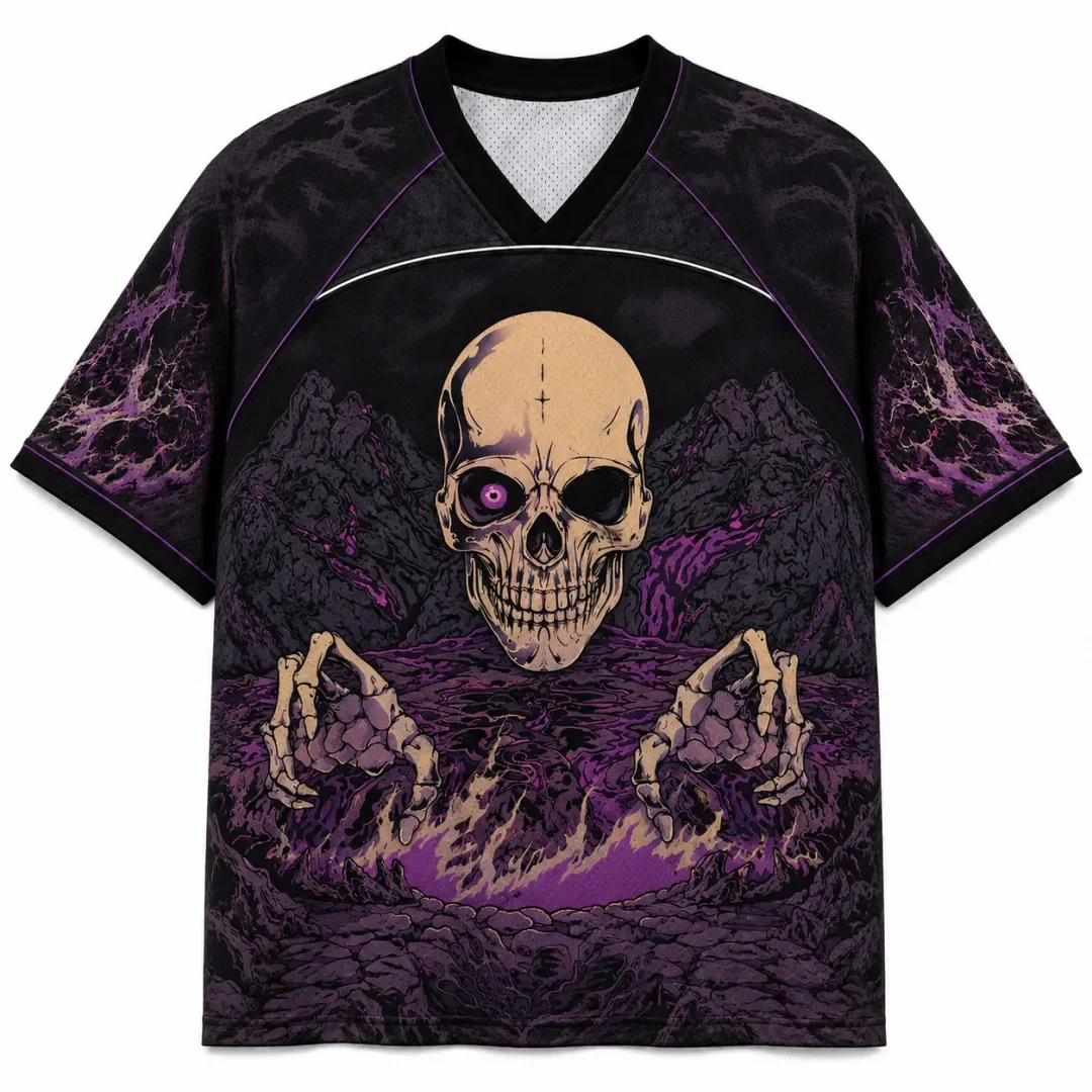Dark Gothic Skeleton Skeleton Hand Purple Lava Volcano Full Screen Print V-neck Mesh Knitwear Punk Street Style T-shirt