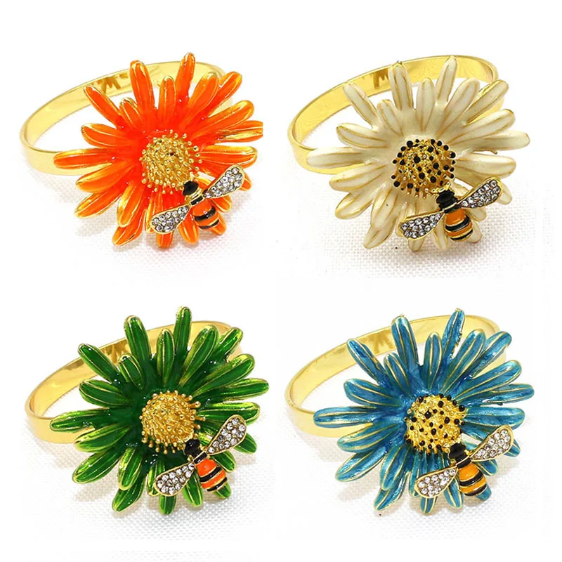 

12pcs/lot Spring Painting Oil Bees Flower Napkin Ring Alloy Napkin Buckle Wedding Holiday Party Table Decoration Napkin Ring