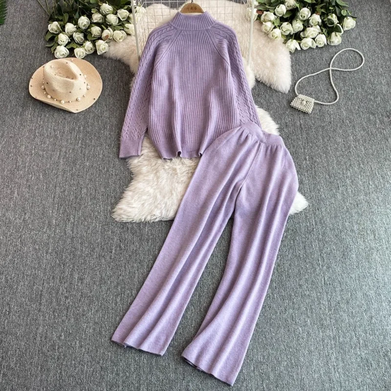 Fashion Pants Suit Women\'s Stand Collar Zipper Knitted Sweater Jacket Two-piece Set High Waist Slim Straight Leg Wide Leg Pants