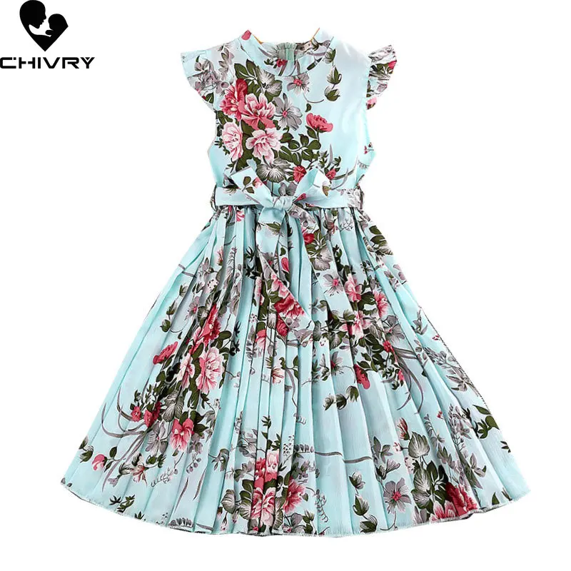 فستان صيفي للشاطئ موضة جديدة 2023 للبنات أكمام على شكل زهور مطبوعة برقبة مستديرة على شكل حرف a فساتين أميرة للأطفال Vestidos