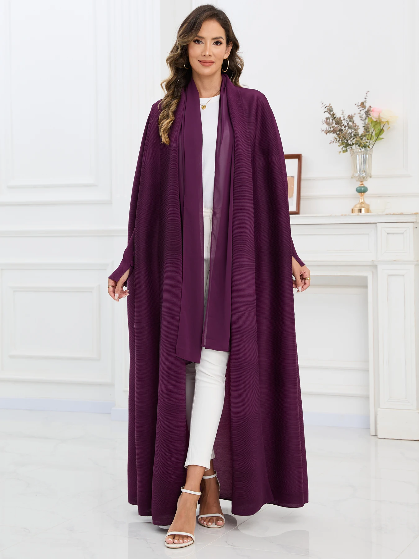 عيد الأرجواني عباية دبي الفاخرة للنساء الشرق الأوسط رداء رسمي مياكي مطوي معطف طويل الأكمام مع الإناث حفلة موسيقية فستاين سهرة/فساتين الحفلات