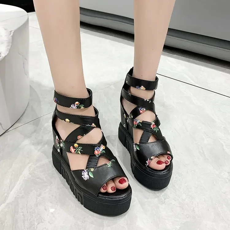 2024 Summer Women\'s PU Printed Wedge Sandals Super Heel Platform Shoes Women\'s Sexy Open Toe Zip-Up Gladiator Sandals 34-42