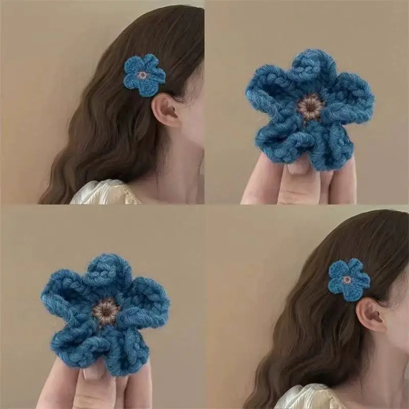 

Новая заколка-цветок для волос, ранняя весна, элитная, в корейском стиле, милая, синяя, вязаная из шерсти, для челки, женская