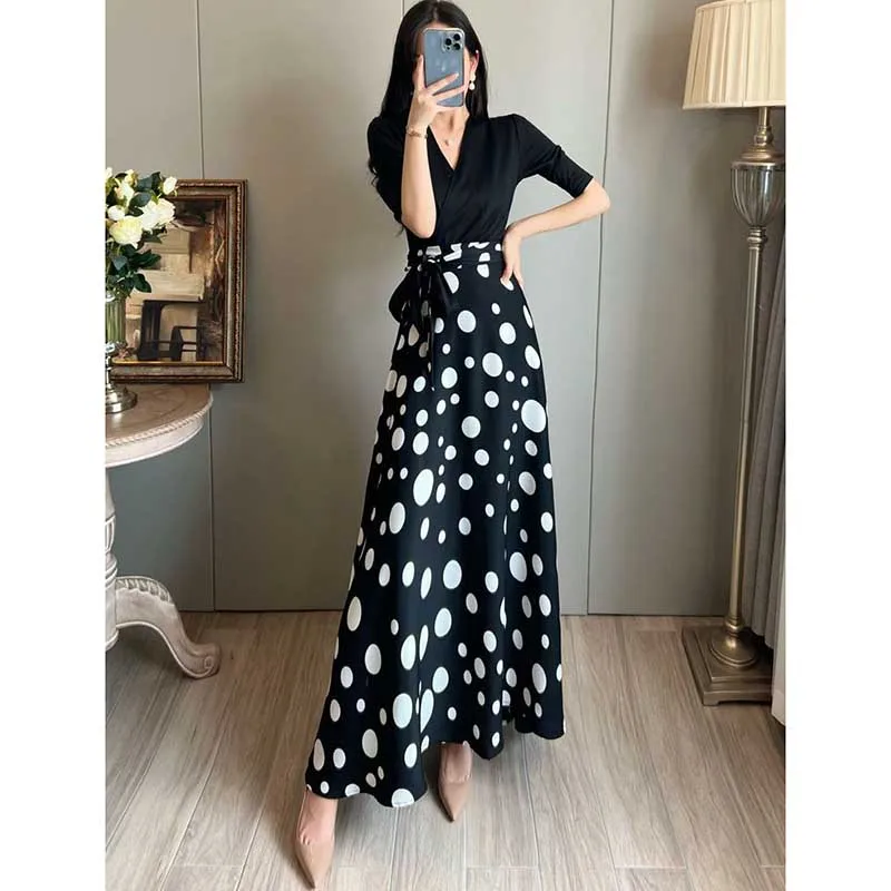 Fashion Printed Spliced Bandage Polka Dot Long Dress Women\'s Clothing 2024 Spring Summer New Loose Office Lady Vintage Dress