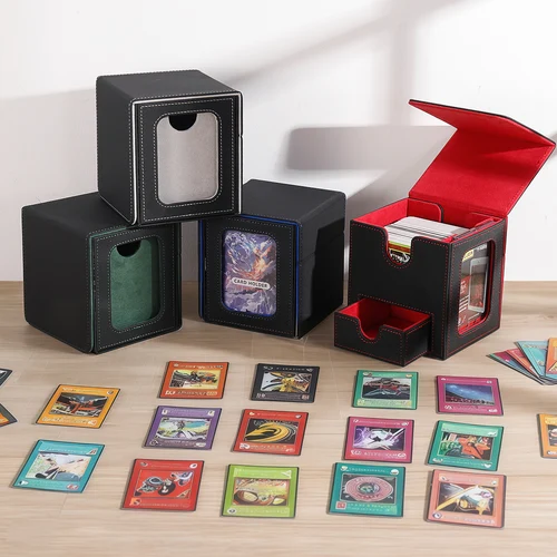 Caja de cuero para tarjetas MTG con 2 pantallas de comandante, almacenamiento de tarjetas impermeable de doble capa, puede contener más de 200 tarjetas de protección de doble capa