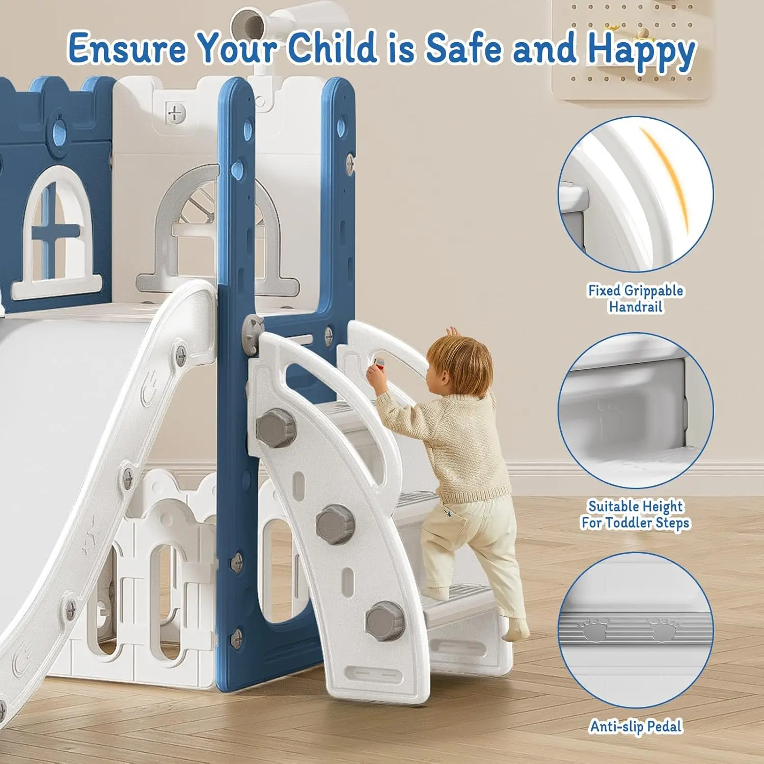 バスケットボールフープ付きの屋内と屋外の遊び場、1〜3歳の子供用スライド、クライマースライダー、収納とテスト、6 in 1