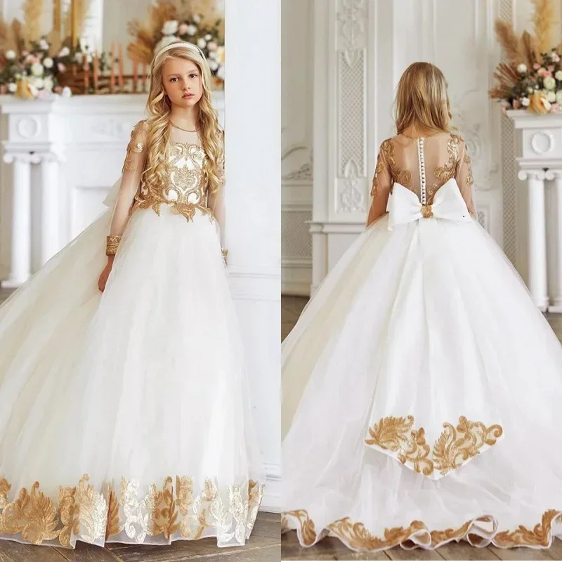 Luxury Glitter Sequined White Bow Flower Girl Dresses For Wedding Full Sleeves O-neck For Wedding Party First Communion Gowns