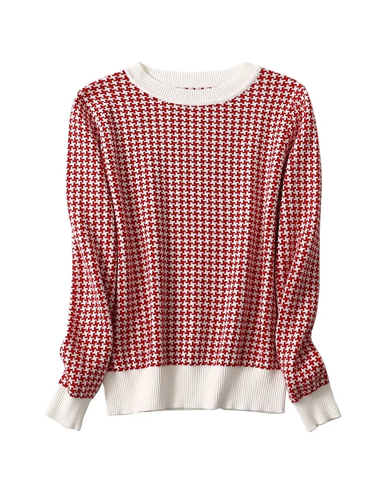 Women 63.9% Silk 10.2% Cashmere Houndstooth O Neck everyday Long Sleeve Pullover Sweater Top Shirt  LY029