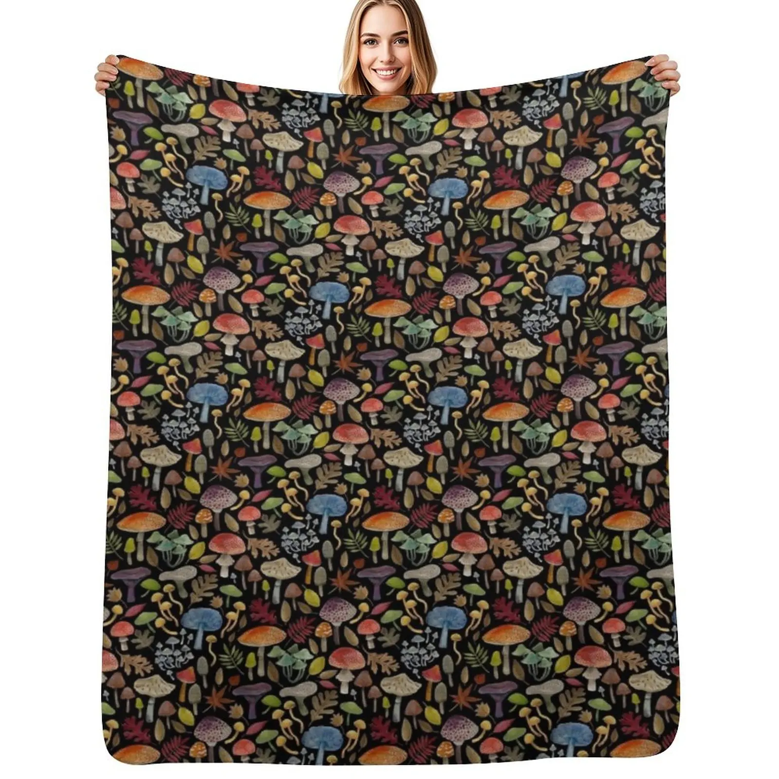 Watercolour Toadstools on black - small scale - Autumnal pattern by Cecca Designs Throw Blanket Fall harvest decor blanket